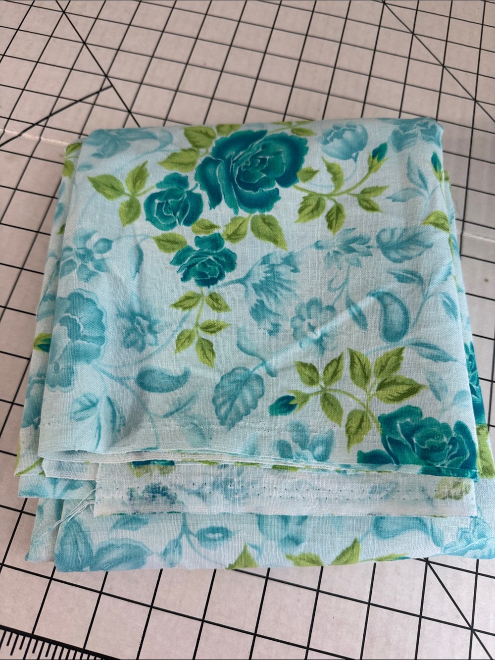 Vintage Linen Blend Floral Fabric 1⅔ Yards x 52” Teal Blue Roses Cottagecore